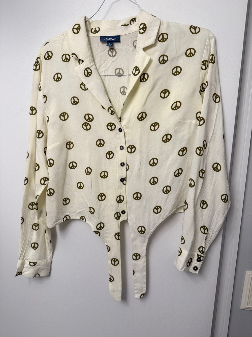 Modcloth White Blouse with Peace Sign Design